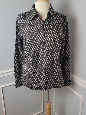ANN TAYLOR Brown White Horse Bit Chain Link Professional Career Button Blouse 10